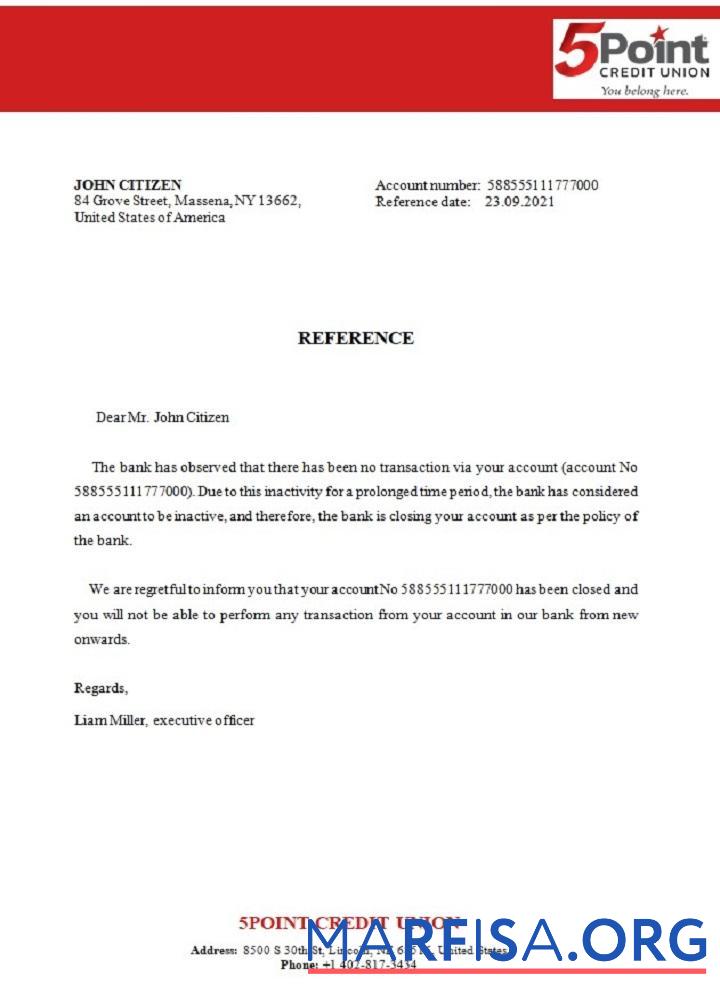 Downloadable USA 5Point Bank closure reference download for verification